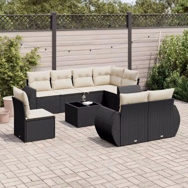 vidaXL Set Divani da Giardino 9 pz in Polyrattan Nero con Cuscini e Tavolino da Esterno – 1