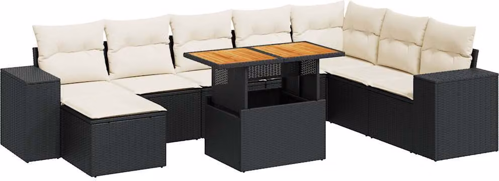 Set Divani da Giardino 9 pz con Cuscini Nero Polyrattan Acacia