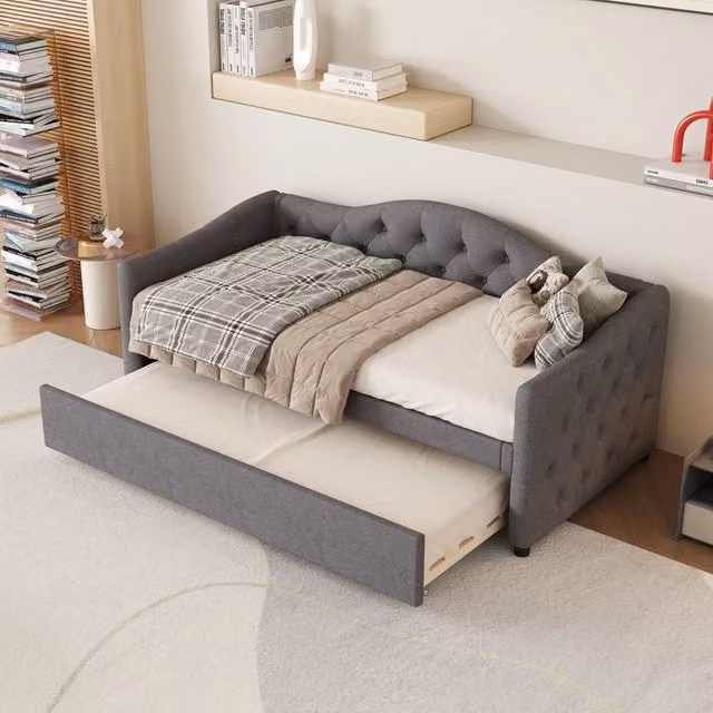 Divano letto singolo 90x200 cm con letto estraibile 90x190 cm; struttura in lino e MDF; beige