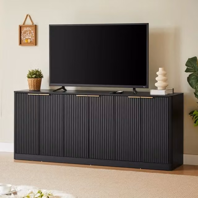 Sideboard moderno nero con design ondulato, 170x40x70,5 cm, 6 ante, per soggiorno cucina o camera da letto