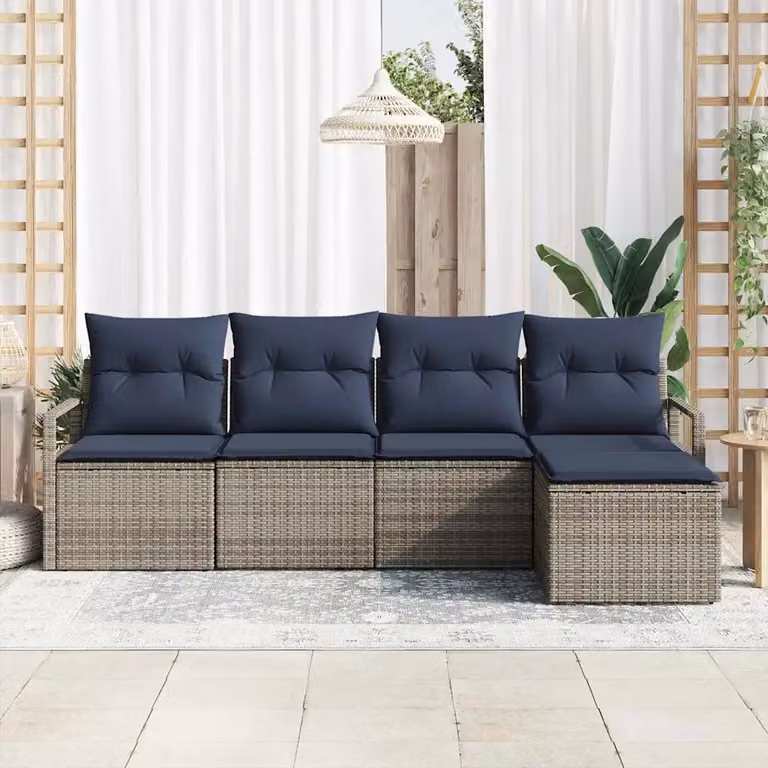 Set di divani da giardino vidaXL a forma di L con pouf, colore grigio e blu, in rattan con struttura in acciaio e cuscini inclusi