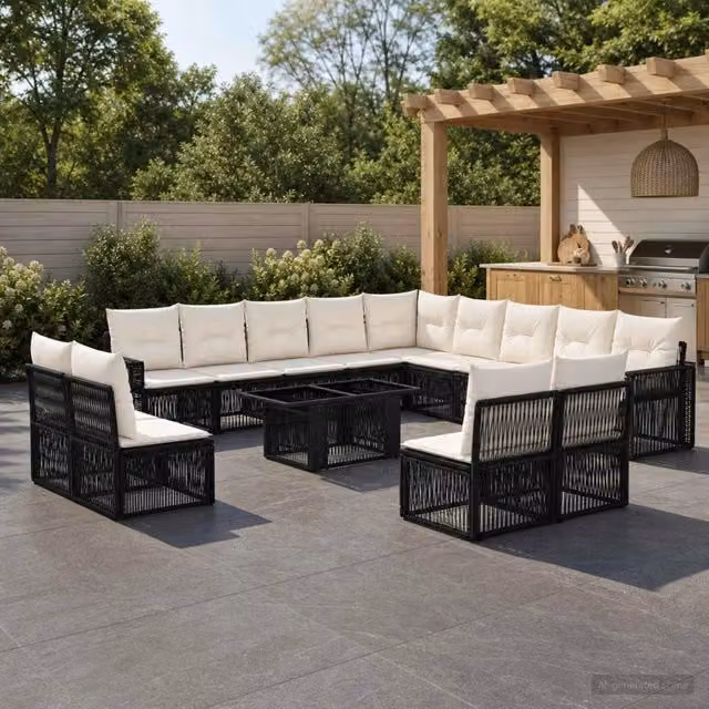 Set Divano da Giardino Moderno vidaXL in Polyrattan Nero e Bianco Crema con Cuscini e Tavolino in Vetro