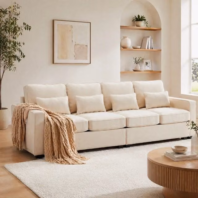 Divano 4 posti ULEVR 264 cm con schienale alto, tasche laterali e 4 cuscini lombari, tessuto effetto lino beige