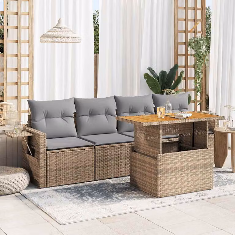 Set Divano da Giardino vidaXL 5 Pezzi in Polyrattan con Cuscini Beige e Tavolino, Design Moderno a L per Terrazza e Balcone