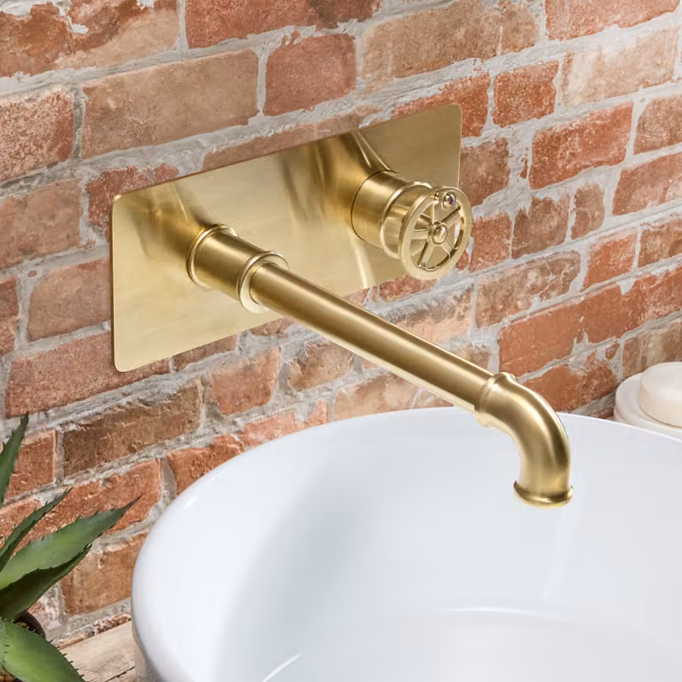 Miscelatore in Stile Industriale a Parete per Lavabo - Oro Satinato - Zandra