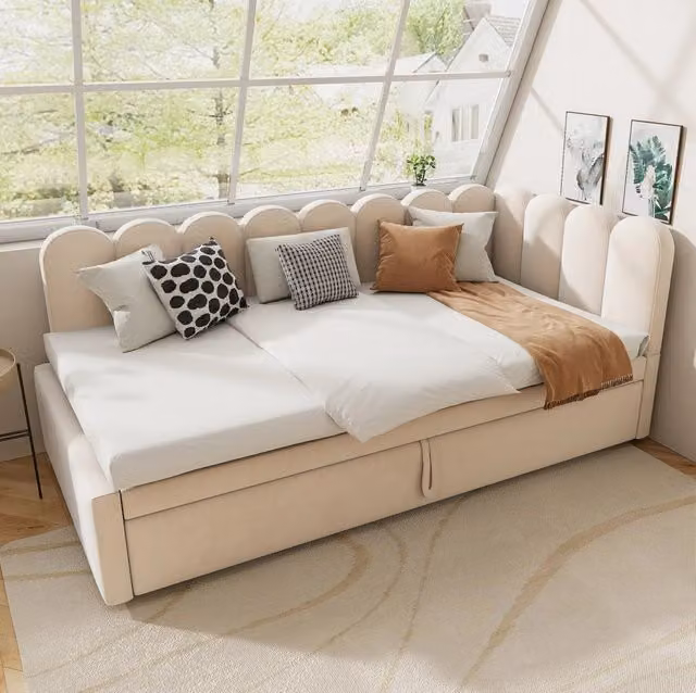Divano letto 90x200 cm; estraibile a L in velluto; beige