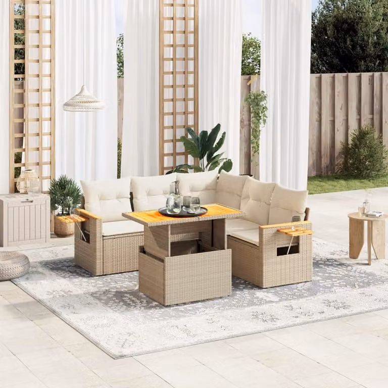 vidaXL Set Divano da Giardino 6 pz a L con Cuscini Beige in Polyrattan e Tavolino da Caffè