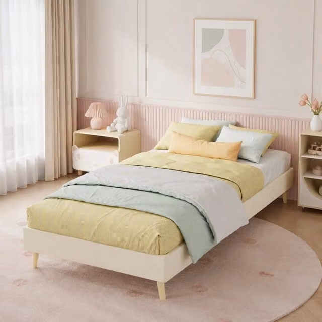 Letto singolo imbottito 90 × 200 cm beige in tessuto e metallo con testiera cartoon e piedi in legno
