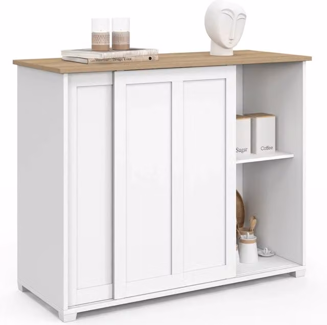 Credenza IDMarket JANGO con 2 ante scorrevoli bianche e piano in legno di faggio per soggiorno o sala da pranzo
