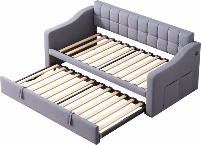 Divano letto 2 in 1 in velluto grigio con contenitore e prese USB, 90/180 cm