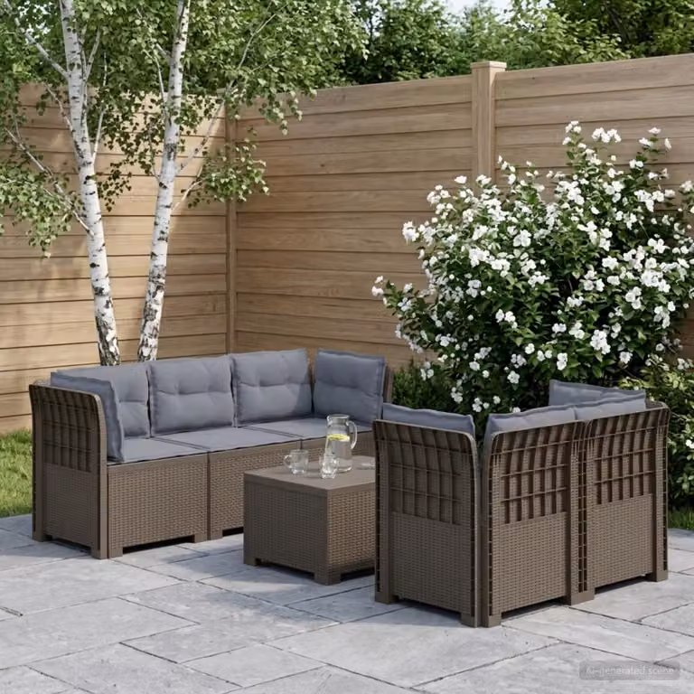 Set da giardino vidaXL a forma di L con divano da 5 posti, tavolino e cuscini in polyrattan grigio