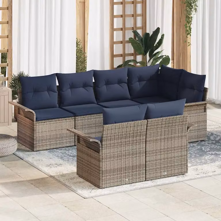 Set Divano da Giardino a L vidaXL in Rattan con Cuscini Grigio e Blu con Struttura in Acciaio Verniciato a Polvere
