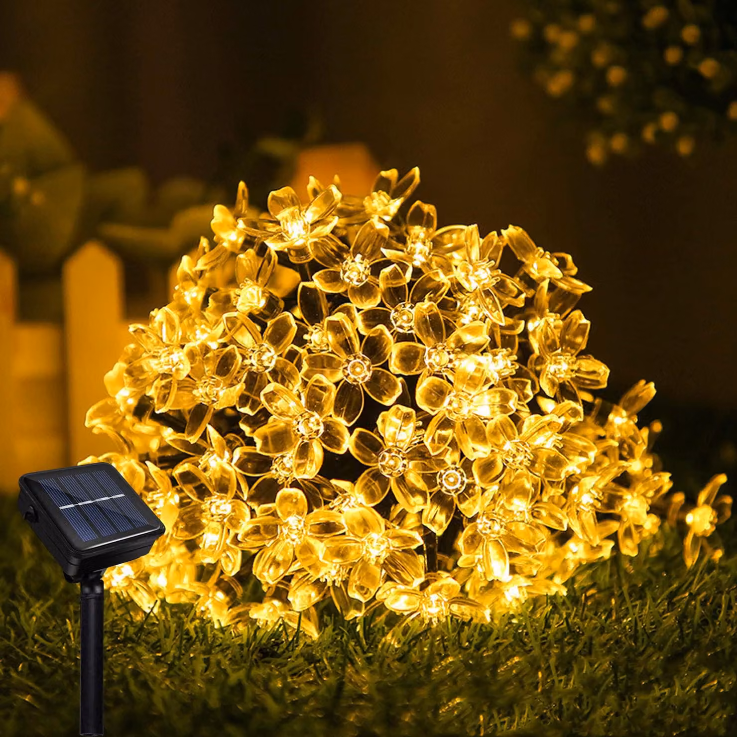 Catena luminosa solare a forma di fiori di ciliegio, lunghezza 6,7 metri, 50 LED, 8 modalità, grado di protezione IP65