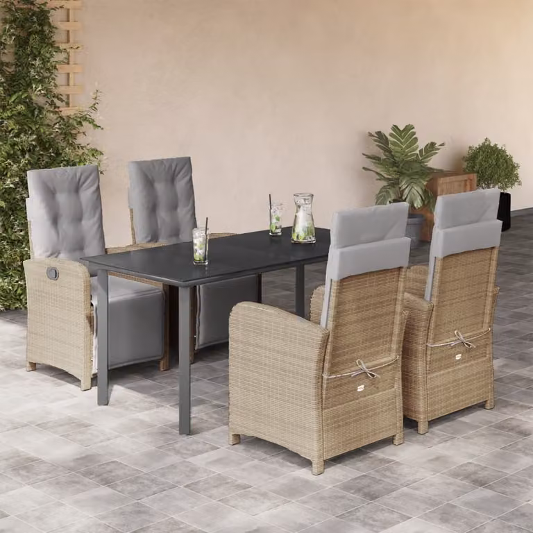 Set da Pranzo da Giardino 5 pz vidaXL in Polyrattan con Cuscini Beige e Tavolo in Vetro