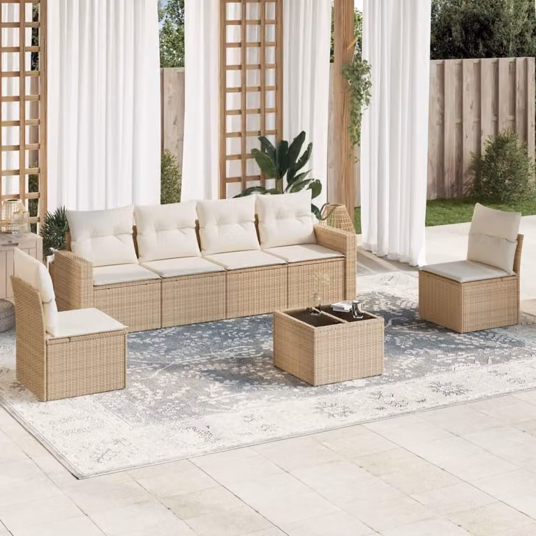 Set di divani da giardino vidaXL 7 pz in polyrattan beige con cuscini e tavolino da esterno