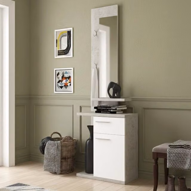 DMORA Mobile da Ingresso Moderno con Specchio, Grigio e Bianco, L: 61 cm, P: 28 cm, H: 186 cm