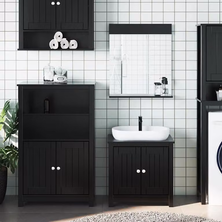 Set di mobili da bagno vidaXL BERG 3 pezzi in legno di pino nero stile rustico con mobile lavabo e armadietto specchio a parete