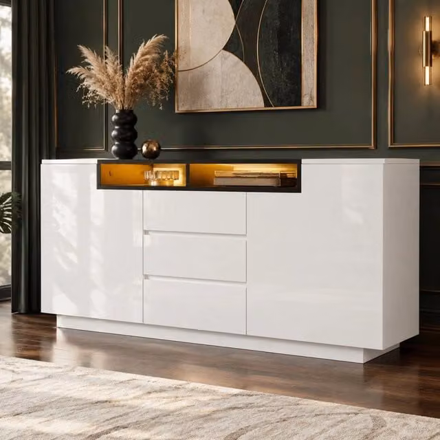 Credenza ULEVR 140x40x68 cm con 2 ante, 3 cassetti, ripiani regolabili e LED, bianco e nero
