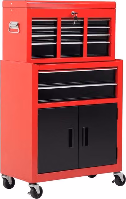 Carrello Portautensili Xylo con 6 Cassetti in Metallo Rosso e Nero con Ruote e Chiusura di Sicurezza L: 61,6 cm, P: 33,0 cm, H: 108,0 cm – 1