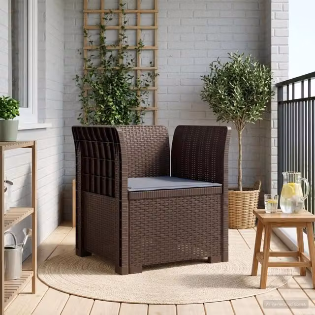 Poltrona singola moderna vidaXL in rattan con cuscino marrone e grigio per giardino, balcone o terrazzo – 1