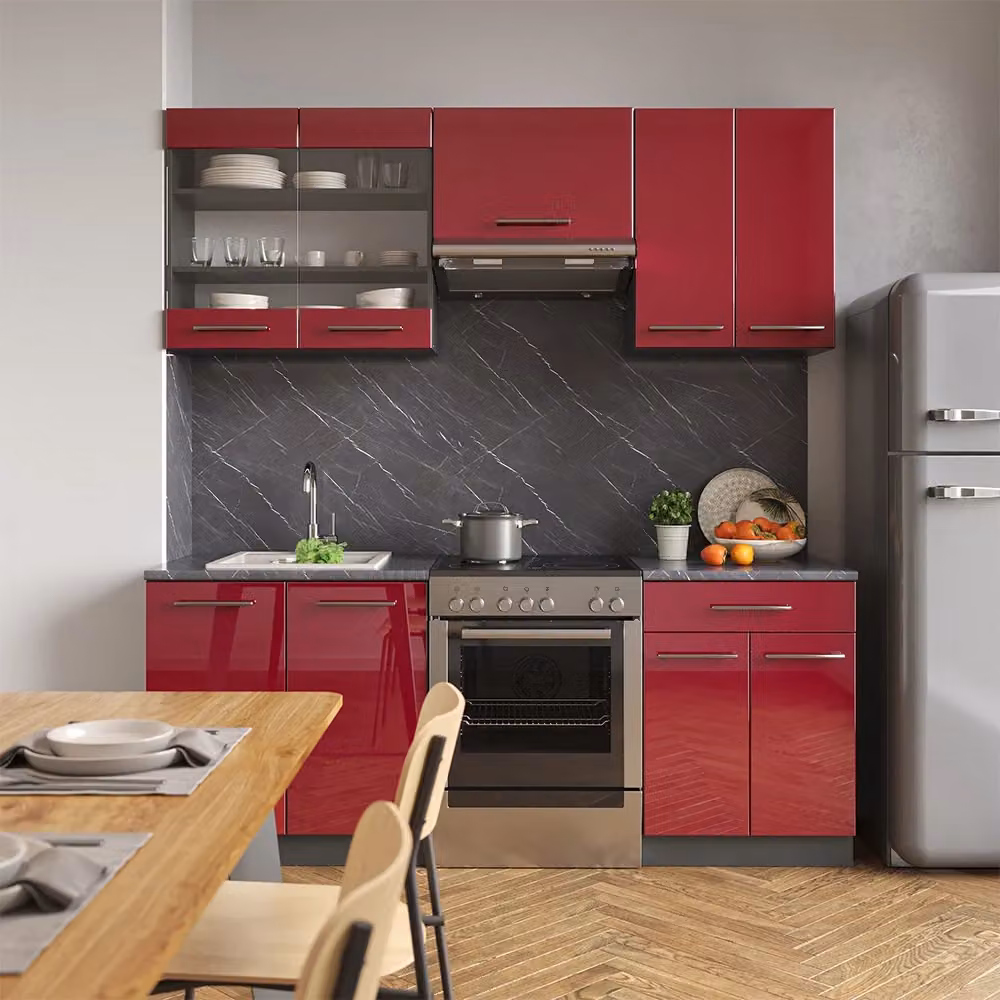 Cucina componibile moderna Vicco Fame-Line Bordeaux lucido e Antracite, L: 200 cm – 2