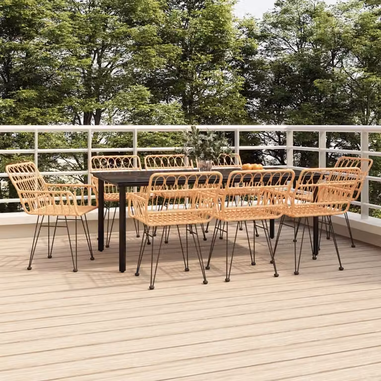 Set da pranzo da giardino vidaXL in 9 pezzi in polyrattan con piano in vetro nero e marrone