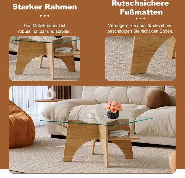 Tavolino da salotto quadrato 80 cm in vetro di sicurezza e gambe in MDF finitura legno chiaro, design moderno per soggiorno
