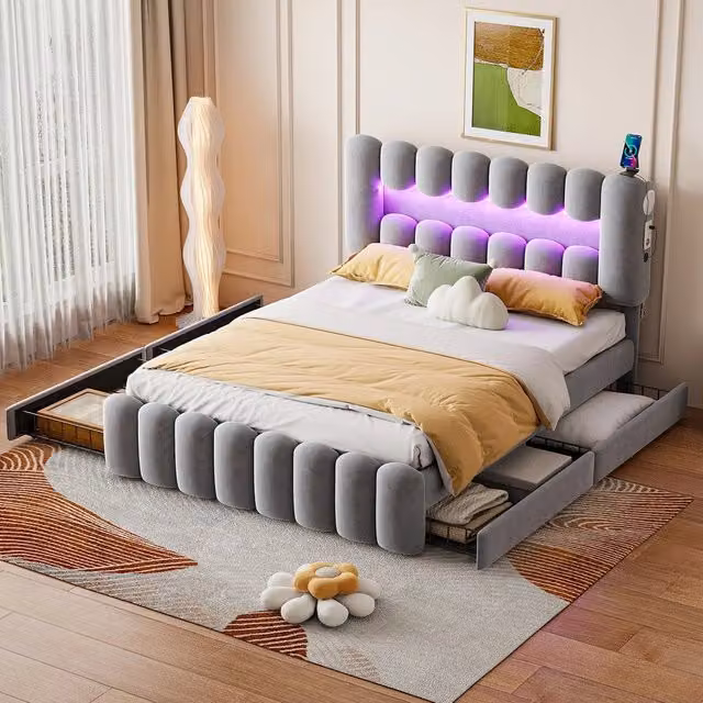 Letto imbottito con cassetti e LED ¨C Minimal ¨C Grigio velluto 160x200cm