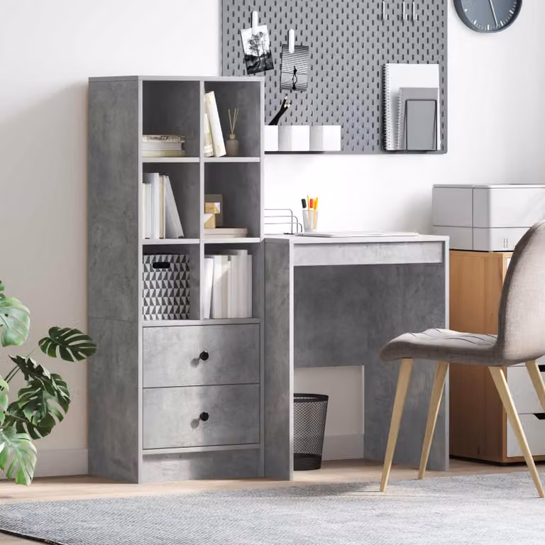 Set di 2 Scrivanie moderne vidaXL con scaffale in MDF laminato, Grigio cemento, L: 105,5 cm, P: 50 cm, H: 127 cm