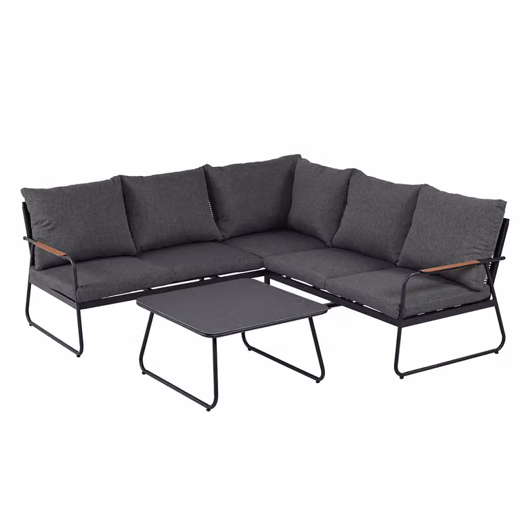 Vestiamo Casa Giardino Set Salotto da Giardino Angolare a L per 5 Persone con Struttura in Acciaio Antracite, Braccioli Effetto Legno, Top in Vetro e Cuscini Inclusi