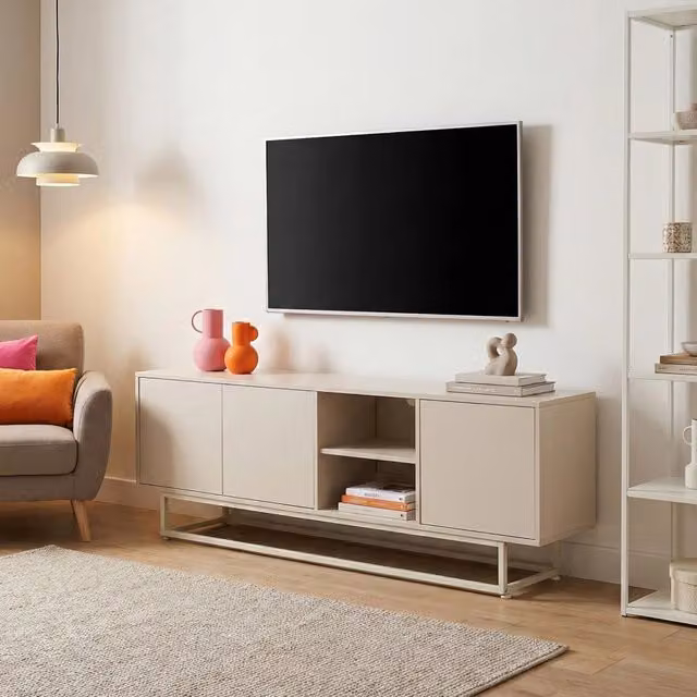 Credenza Bassa Boxholm en.casa con 3 Ante Push-Open e 2 Vani Aperti, Colore Beige, L/P/H: 160 x 30 x 56,5 cm