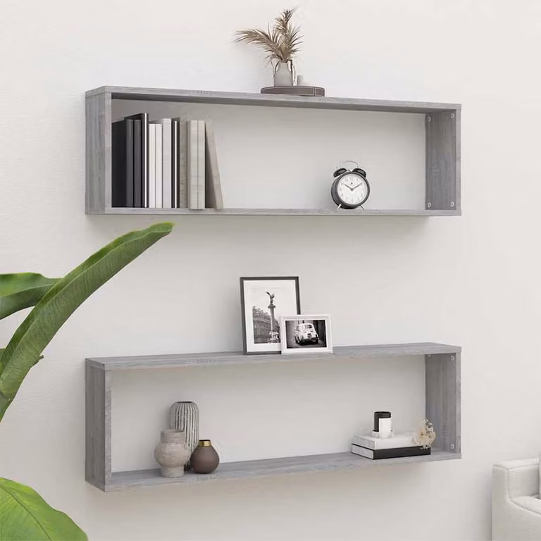 Set di 2 mensole a cubo vidaXL da parete in legno ingegnerizzato, colore grigio Sonoma, L 100 cm x P 30 cm x H 15 cm