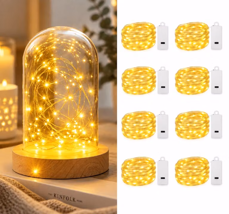 Set di 8 catene luminose LED, lunghezza 2 metri, 20 LED, luce bianca calda, per uso interno
