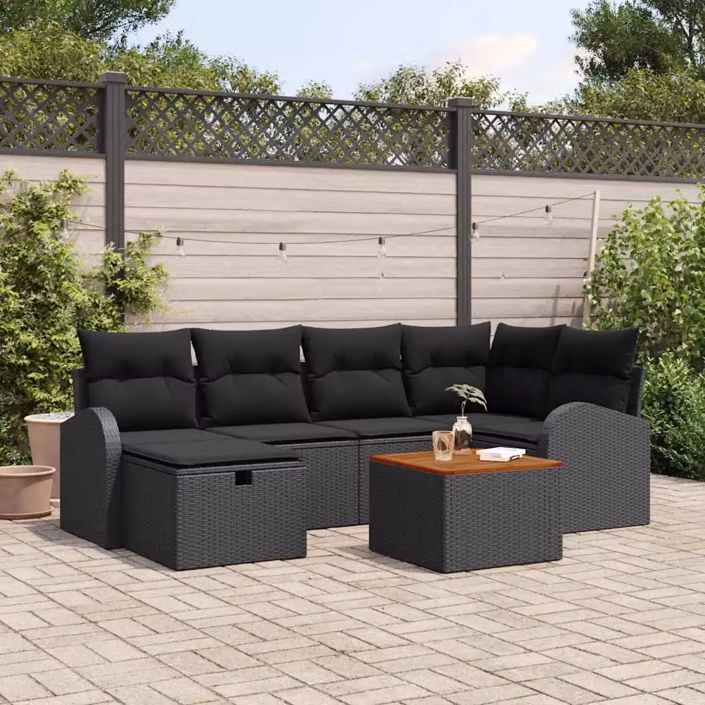 Set Divano da Giardino vidaXL a Forma di L in Polyrattan Nero con Cuscini e Tavolino da 7 Pezzi – 1