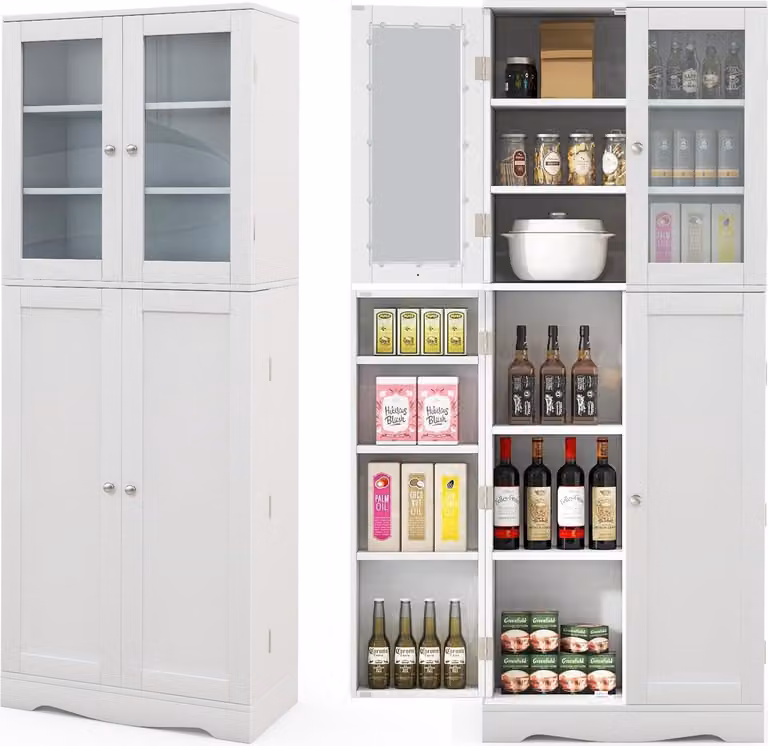 KOMFOTTEU Armadio alto a vetrina in legno, mobile da cucina e da bagno con ante in vetro e ripiano, 60x31,5x161,5 cm (bianco)