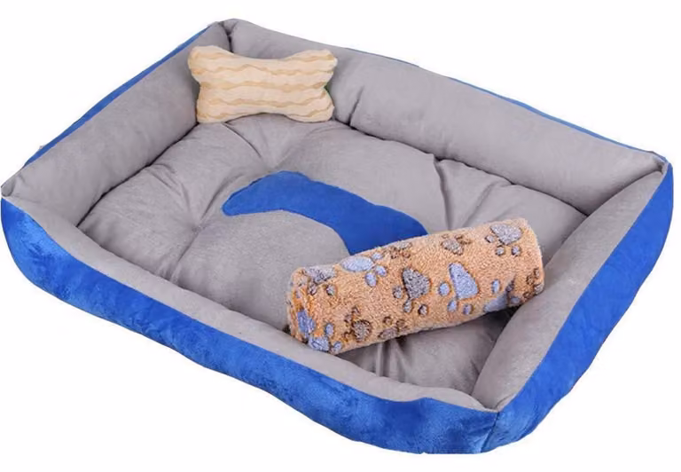 Cuccia per cani con bordo, lavabile, antiscivolo, color blu-grigio, taglia XL, inclusa una coperta