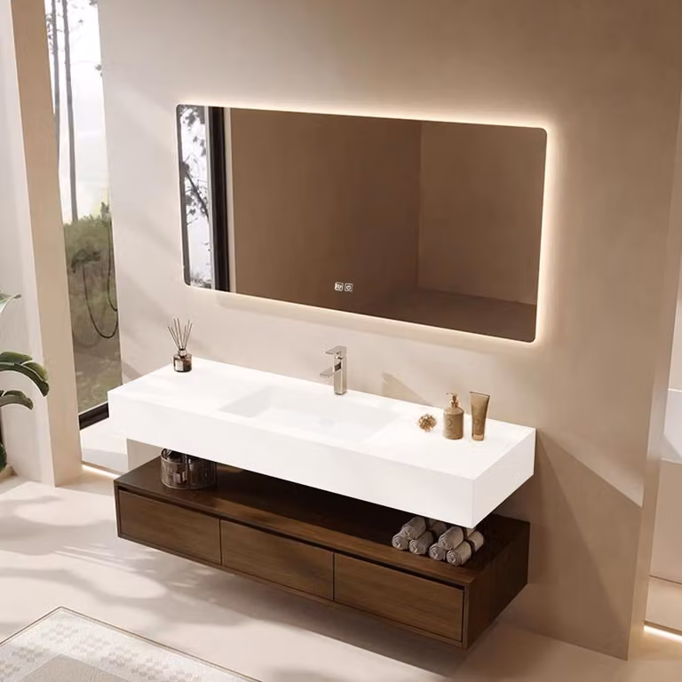 Lavabo integrato in Vetroceramica sinterizzata, lavabo da appoggio con foro per rubinetto, mobile da bagno con cassetto e specchio con illuminazione a LED 100×55 cm 【YBTC383-100】