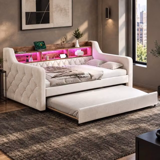 Letto da giorno estraibile ULEVR 90x190 cm in velluto beige con ripiano, LED regolabile e porta USB-C