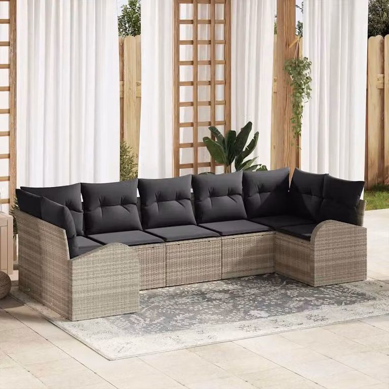 Set Divano da Giardino a L vidaXL 7 pz Grigio con Cuscini in Polyrattan e Struttura in Acciaio