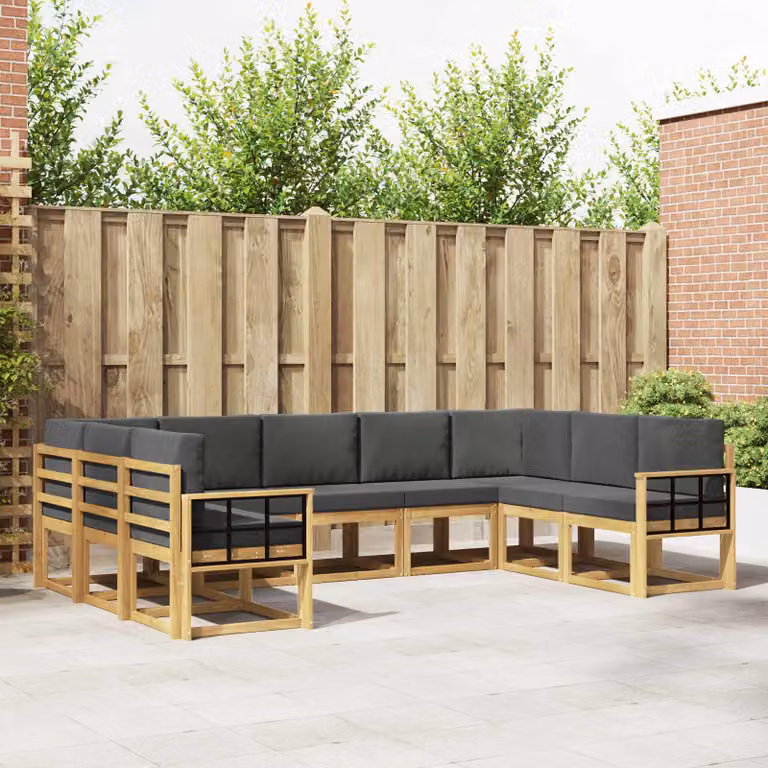 vidaXL Set di divani da esterno a L in legno di acacia con cuscini, Bianco e Antracite