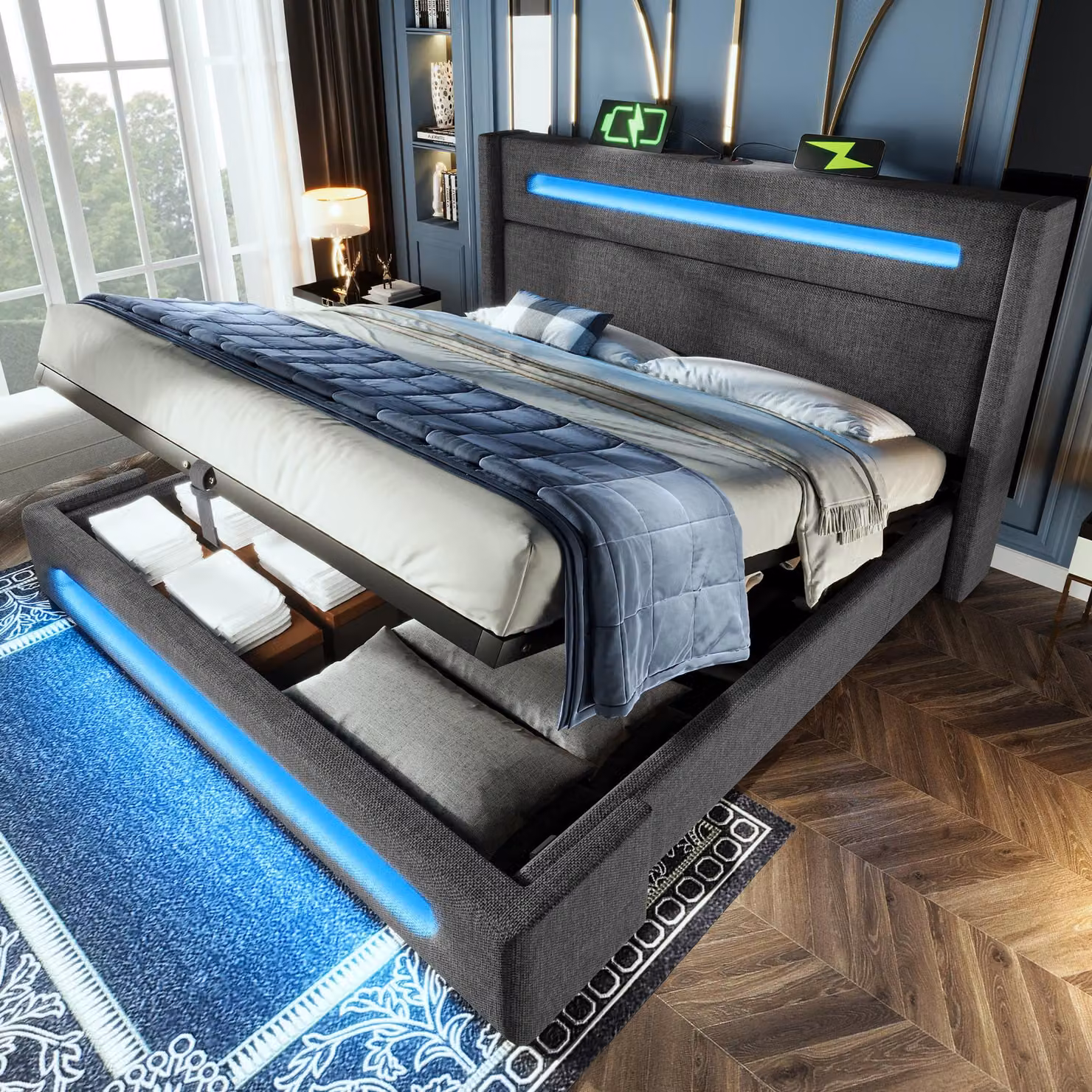 Letto imbottito idraulico Flieks 180x200cm con USB & Type-C, letto per ragazzi letto matrimoniale con Led, letto contenitore letto a molle con rete a doghe, lino, grigio