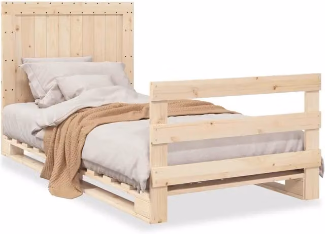Letto singolo con testiera in legno massello di pino naturale stile rustico L 100 cm x P 200 cm