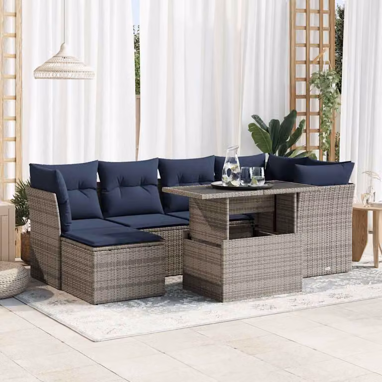 Set Divani da Giardino vidaXL 7 Pezzi a Forma di U in Polyrattan con Cuscini e Tavolino, Grigio e Blu