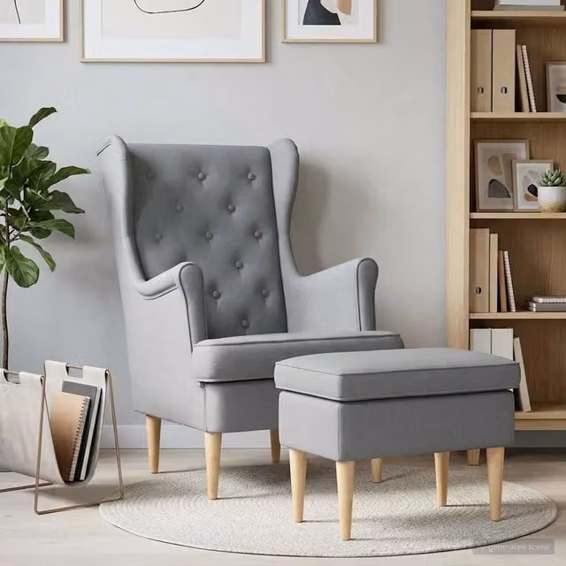 Set Divano Sedia-Poltrona con Ottomano 2 pz Grigio Chiaro in Tessuto e Legno con Braccioli