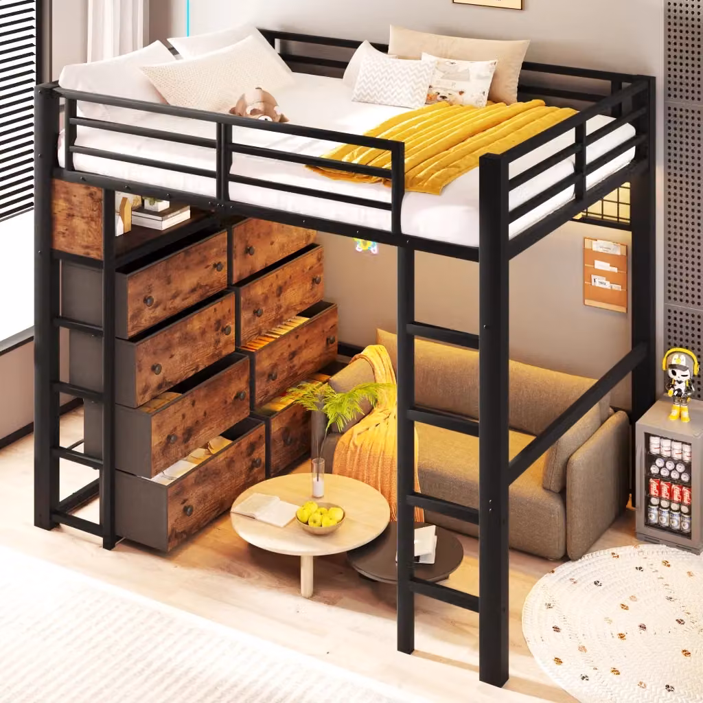 Letto a soppalco MIVRAY nero con 8 cassetti, illuminazione LED sottostante, ripiani e pannello forato in metallo e MDF, L/P/H: 208 x 140 x 170 cm – 2
