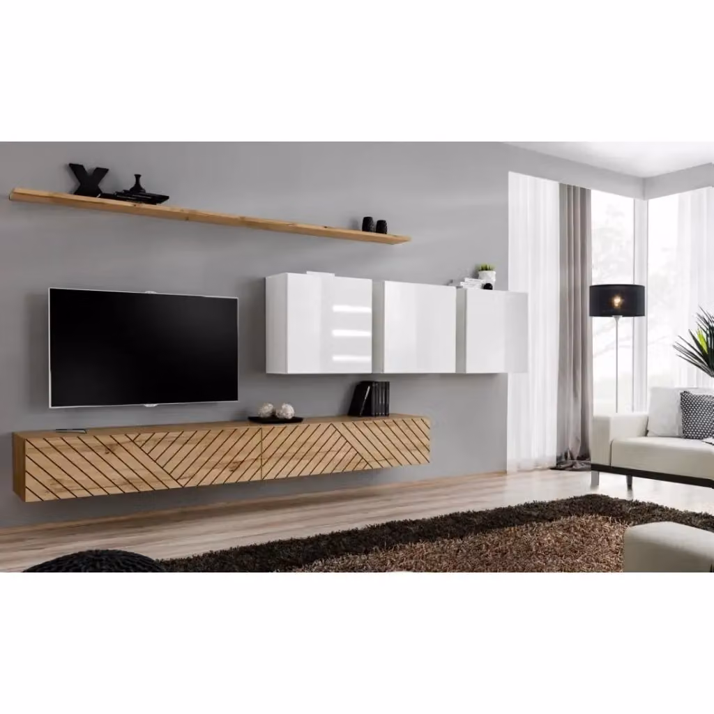 Set salotto Meublorama moderno in rovere e bianco lucido con lowboard e scaffale aperto – 2