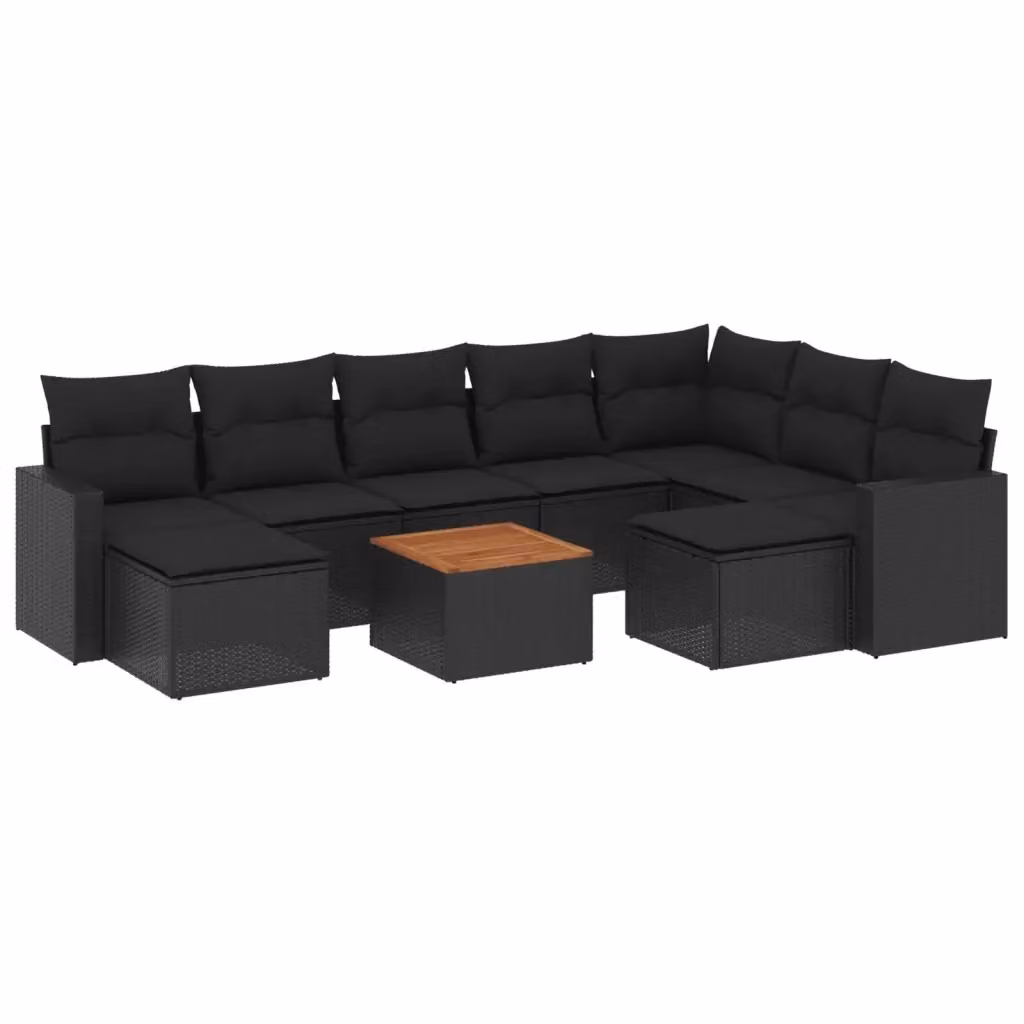 Set di Divani da Giardino a L vidaXL in Polyrattan e Legno di Acacia con Cuscini Neri – 2
