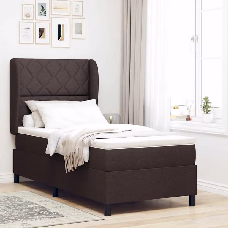 Letto a molle con testiera vidaXL in tessuto marrone scuro, L/P/H: 90 x 190 cm