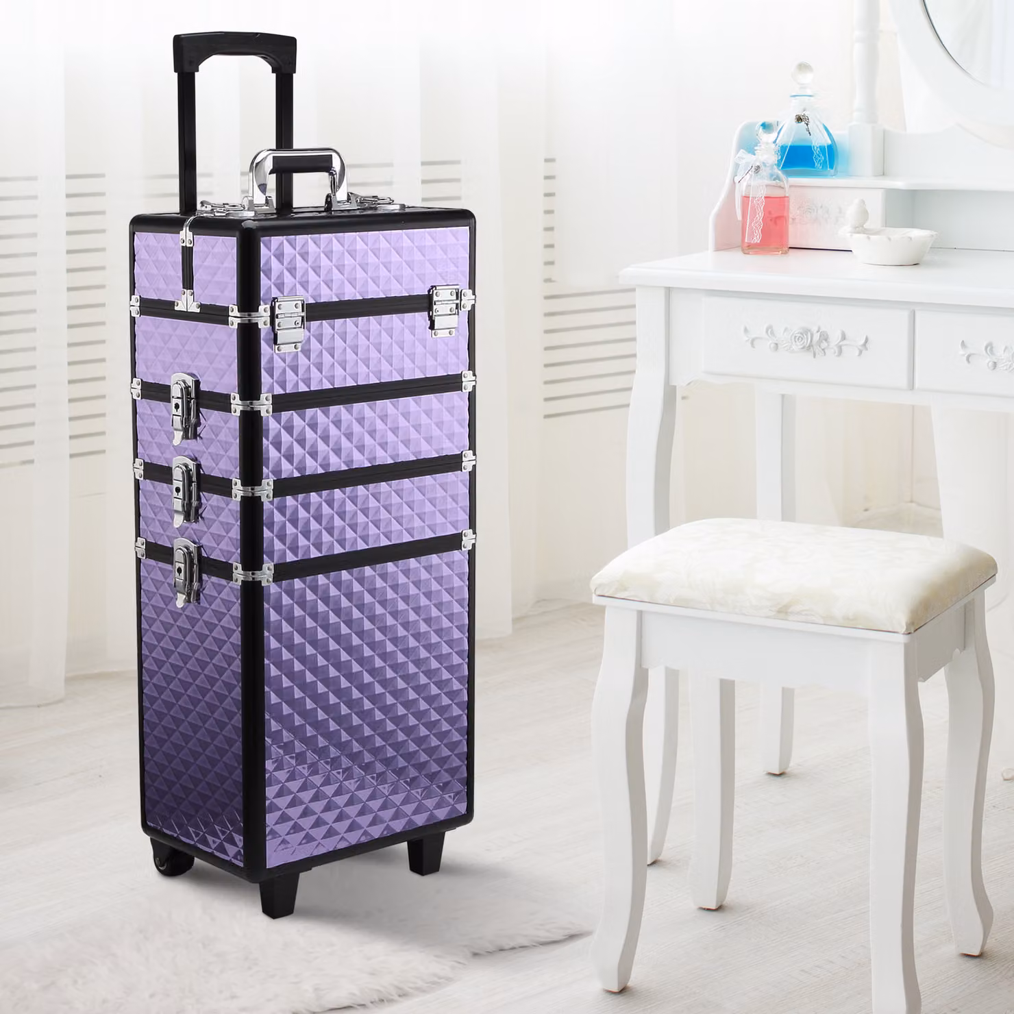 Trolley per Make Up Professionale Homcom in Alluminio Viola con Valigetta Removibile L/P/H: 33.5 x 23 x 76/95.5 cm – 2