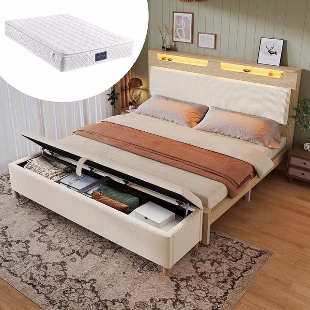 Letto matrimoniale-Xylo-160x200 cm-con banquette, LED, velluto beige, quercia chiaro, con materasso
